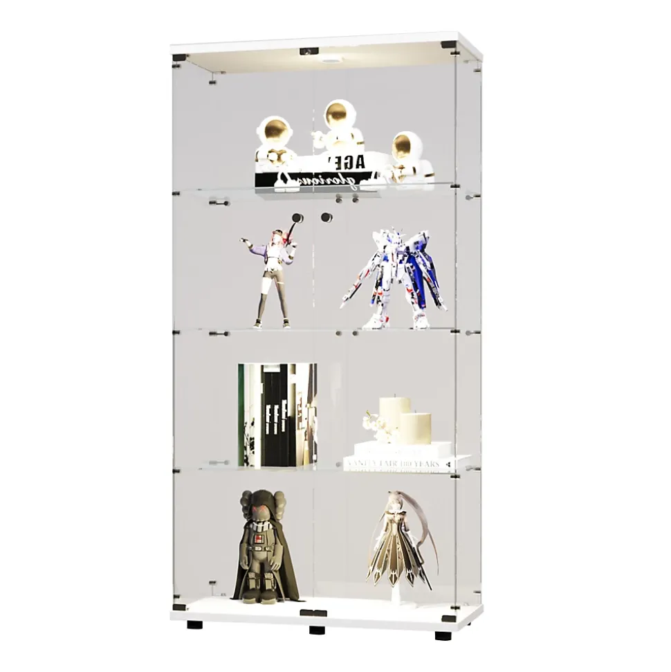 Vitrine en verre, LED, 4 couches, 2 portes, 80,5x36,5x164cm, pour salon, chambre à coucher, bureau, Blanc