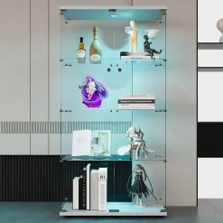 Vitrine en verre, LED, 4 couches, 2 portes, 80,5x36,5x164cm, pour salon, chambre à coucher, bureau, Blanc