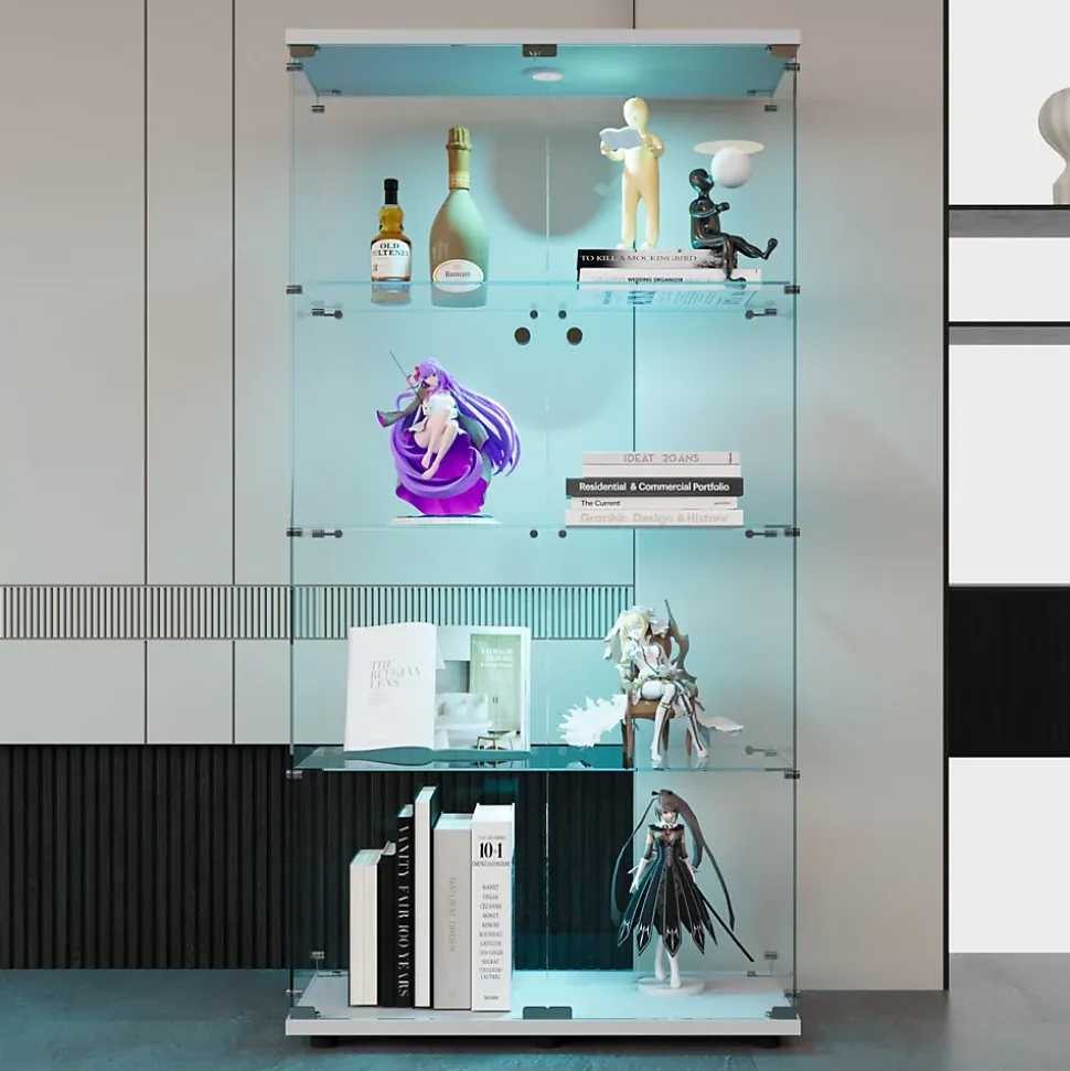 Vitrine en verre, LED, 4 couches, 2 portes, 80,5x36,5x164cm, pour salon, chambre à coucher, bureau, Blanc