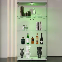 Vitrine en verre, LED, 4 couches, 2 portes, 80,5x36,5x164cm, pour salon, chambre à coucher, bureau, Blanc