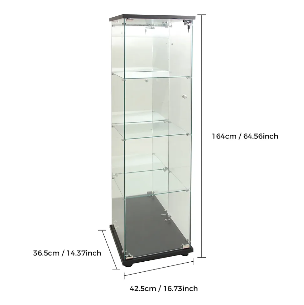 Vitrine en verre, LED, miroir arrière, 4 couches, 1 porte, 42x36x164cm, salon, chambre à coucher, bureau, Noir