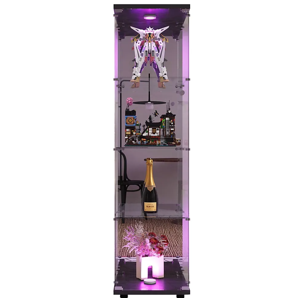 Vitrine en verre, LED, miroir arrière, 4 couches, 1 porte, 42x36x164cm, salon, chambre à coucher, bureau, Noir