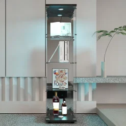 Vitrine en verre, LED, miroir arrière, 4 couches, 1 porte, 42x36x164cm, salon, chambre à coucher, bureau, Noir