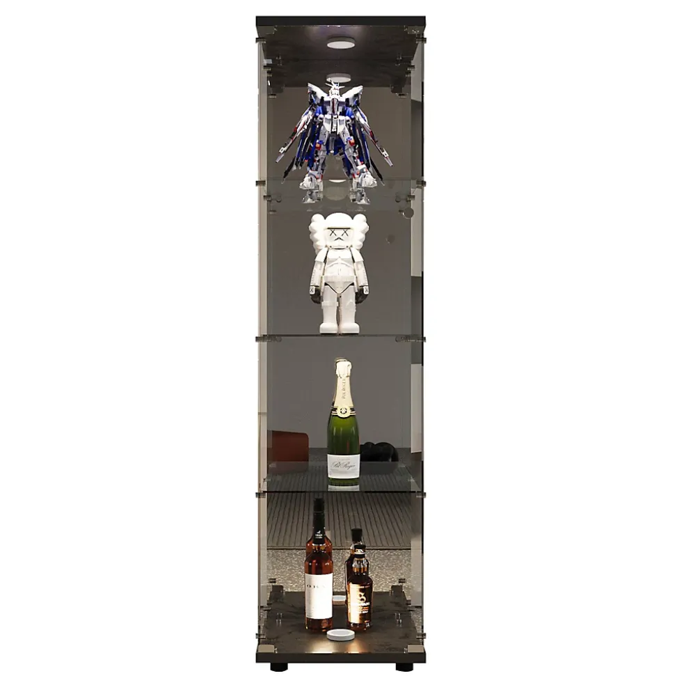 Vitrine en verre, LED, miroir arrière, 4 couches, 1 porte, 42x36x164cm, salon, chambre à coucher, bureau, Noir