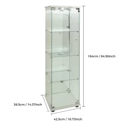 Vitrine en verre, LED, miroir arrière, 4 couches, 1 porte, 42x36x164cm, salon, chambre à coucher, bureau, Blanc