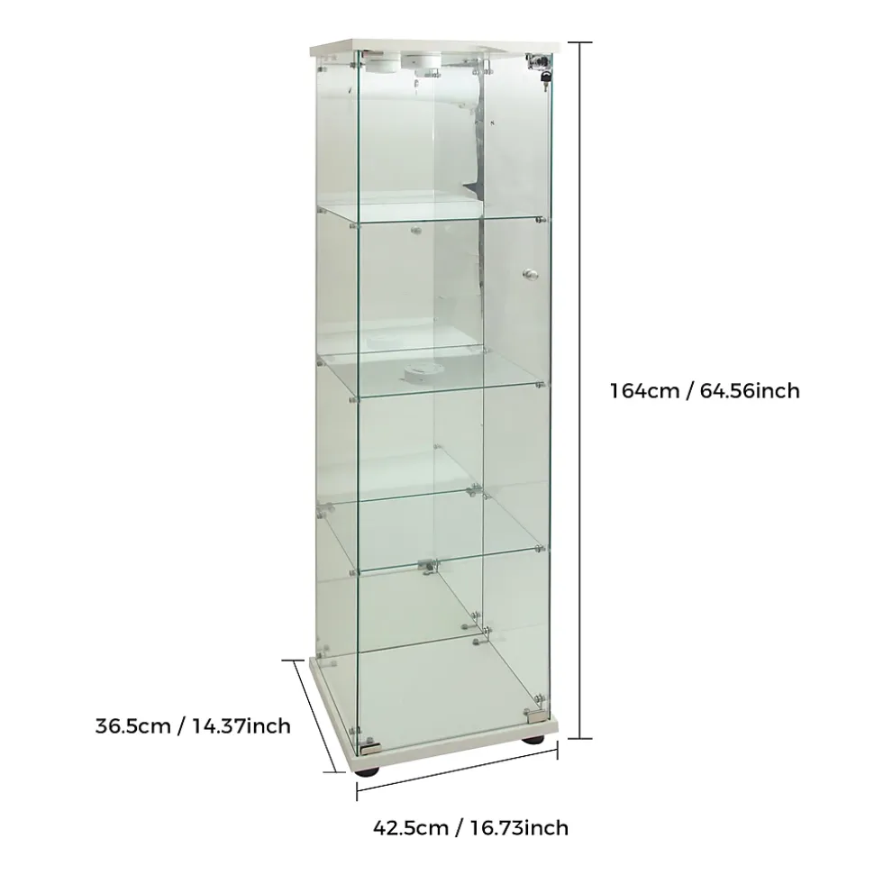 Vitrine en verre, LED, miroir arrière, 4 couches, 1 porte, 42x36x164cm, salon, chambre à coucher, bureau, Blanc
