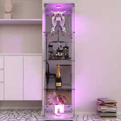 Vitrine en verre, LED, miroir arrière, 4 couches, 1 porte, 42x36x164cm, salon, chambre à coucher, bureau, Blanc