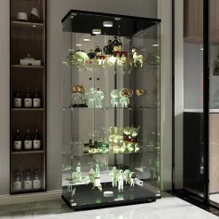 Vitrine en verre moderne noire 40.5 x 36.5 x 163.9 cm avec 4 étagères, pour livres, vin et objets de collection
