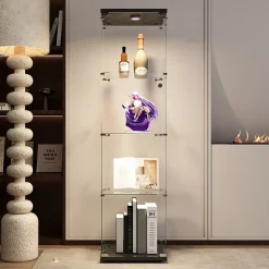 Vitrine en verre noire 4 étagères avec LED, porte et pieds réglables, Meuble d'exposition pour salon, chambre ou bureau
