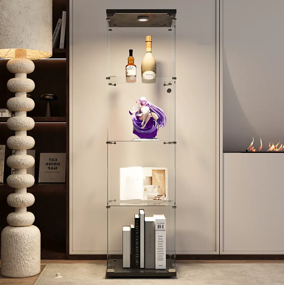 Vitrine en verre noire 4 étagères avec LED, porte et pieds réglables, Meuble d'exposition pour salon, chambre ou bureau