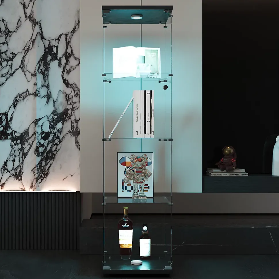 Vitrine en verre noire 4 étagères avec LED, porte et pieds réglables, Meuble d'exposition pour salon, chambre ou bureau