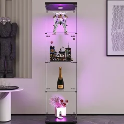 Vitrine en verre noire 4 étagères avec LED, porte et pieds réglables, Meuble d'exposition pour salon, chambre ou bureau