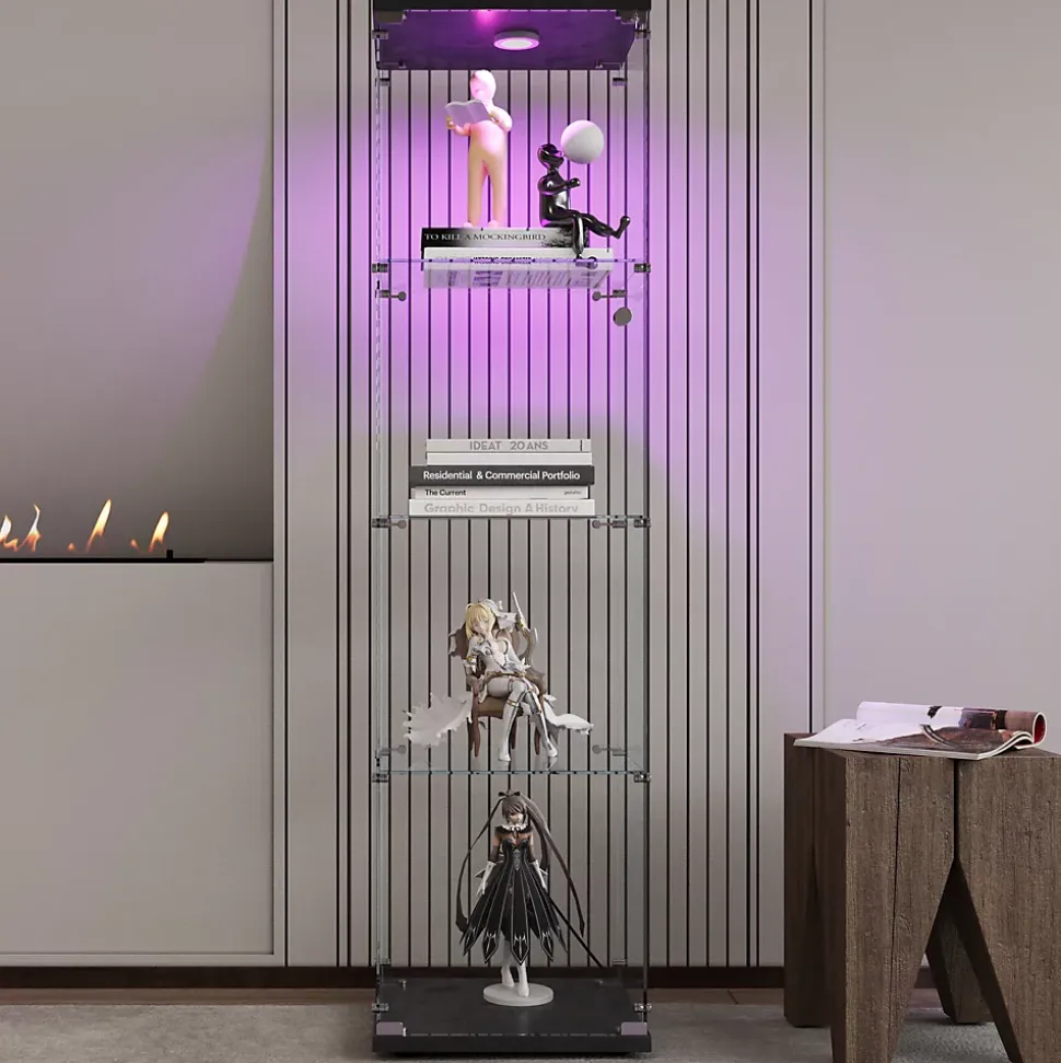 Vitrine en verre noire 4 étagères avec LED, porte et pieds réglables, Meuble d'exposition pour salon, chambre ou bureau