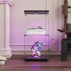 Vitrine en verre trempé à 2 niveaux avec porte, structure en métal noir et éclairage LED intégré, Design moderne et élégant