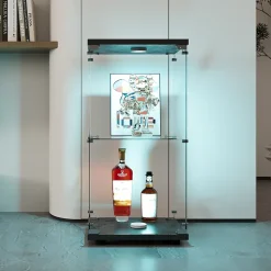 Vitrine en verre trempé à 2 niveaux avec porte, structure en métal noir et éclairage LED intégré, Design moderne et élégant