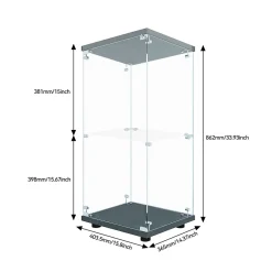 Vitrine en verre trempé à 2 niveaux avec porte, structure en métal noir et éclairage LED intégré, Design moderne et élégant