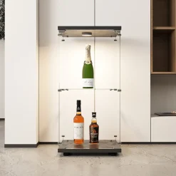 Vitrine en verre trempé à 2 niveaux avec porte, structure en métal noir et éclairage LED intégré, Design moderne et élégant