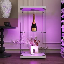 Vitrine en verre trempé à 2 niveaux avec porte, structure en métal blanc et éclairage LED intégré, Design moderne et élégant