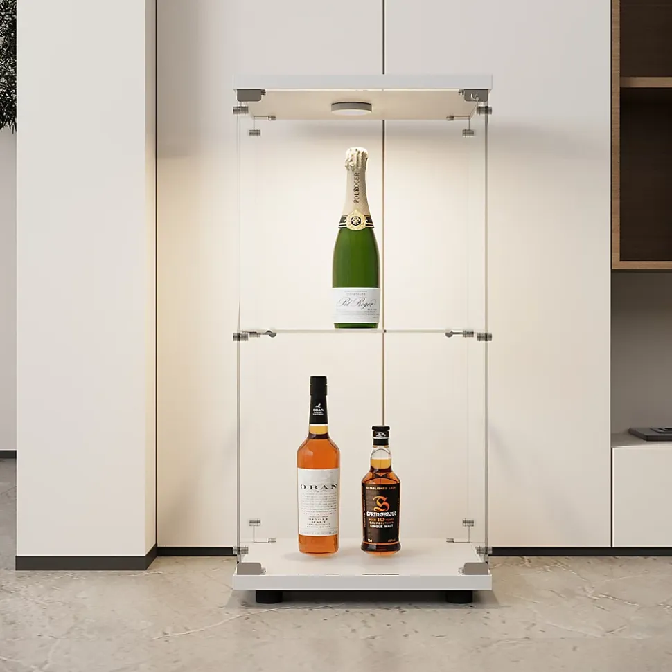 Vitrine en verre trempé à 2 niveaux avec porte, structure en métal blanc et éclairage LED intégré, Design moderne et élégant