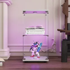 Vitrine en verre trempé à 2 niveaux avec porte, structure en métal blanc et éclairage LED intégré, Design moderne et élégant