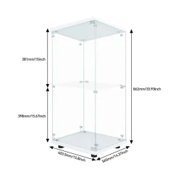 Vitrine en verre trempé à 2 niveaux avec porte, structure en métal blanc et éclairage LED intégré, Design moderne et élégant