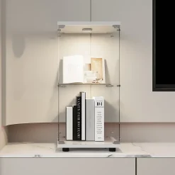 Vitrine en verre trempé à 2 niveaux avec porte, structure en métal blanc et éclairage LED intégré, Design moderne et élégant