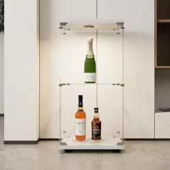 Vitrine en verre trempé à 2 niveaux avec porte, structure en métal blanc et éclairage LED intégré, Design moderne et élégant