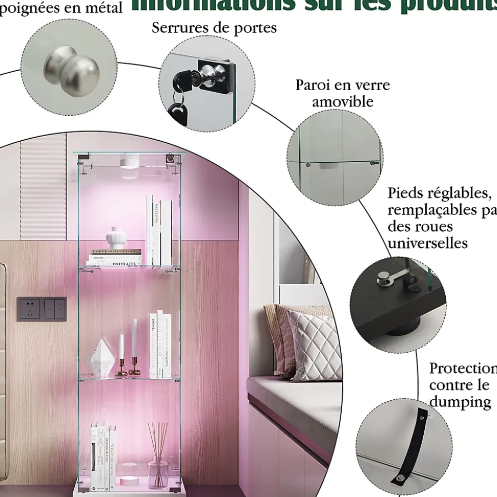 Vitrine en verre trempé avec éclairage LED, vitrine transparente 360, Blanc