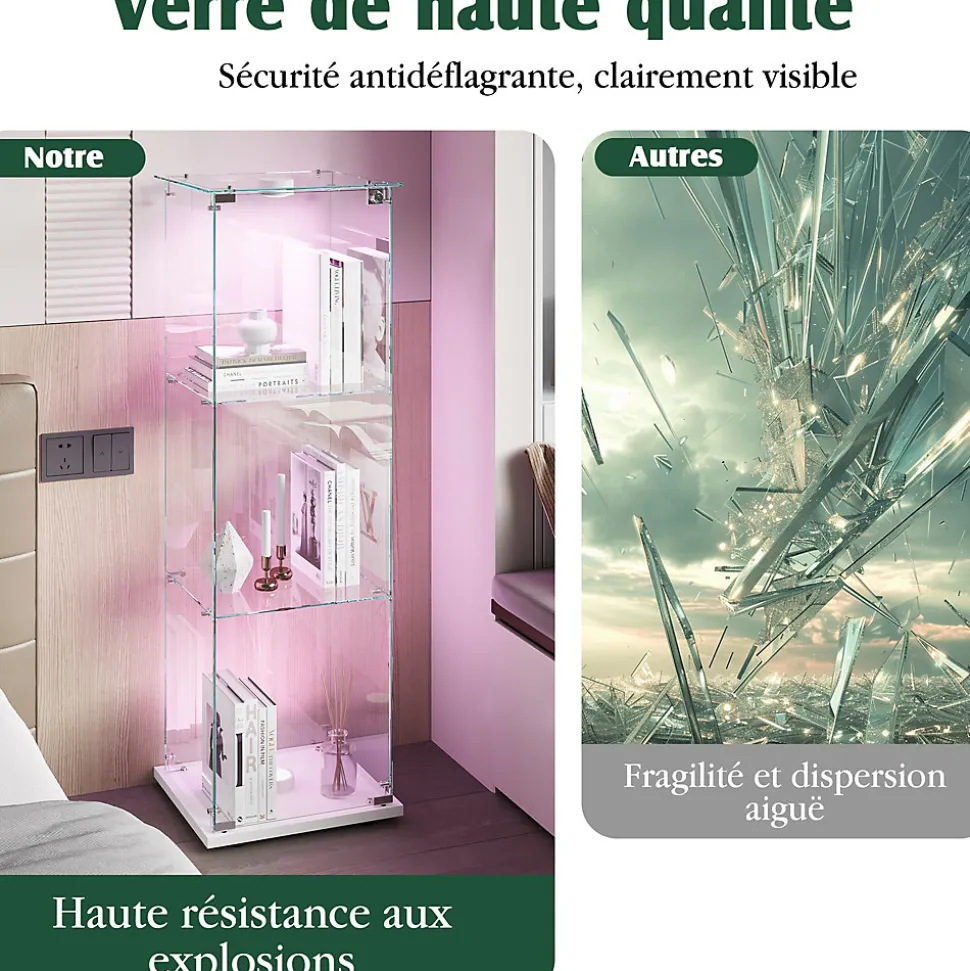 Vitrine en verre trempé avec éclairage LED, vitrine transparente 360, Blanc