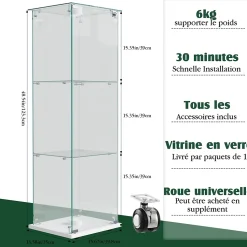 Vitrine en verre trempé avec éclairage LED, vitrine transparente 360, Blanc