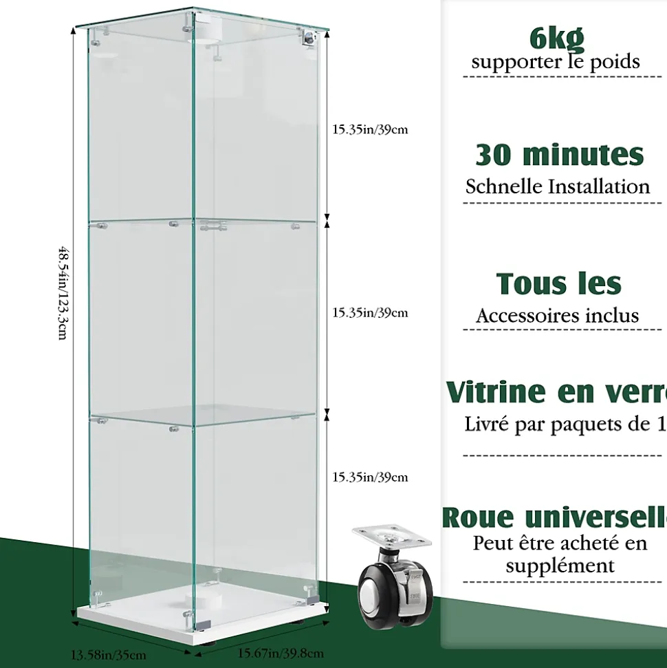 Vitrine en verre trempé avec éclairage LED, vitrine transparente 360, Blanc