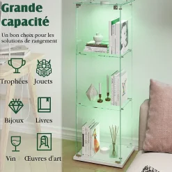 Vitrine en verre trempé avec éclairage LED, vitrine transparente 360, Blanc