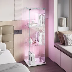 Vitrine en verre trempé avec éclairage LED, vitrine transparente 360, Blanc