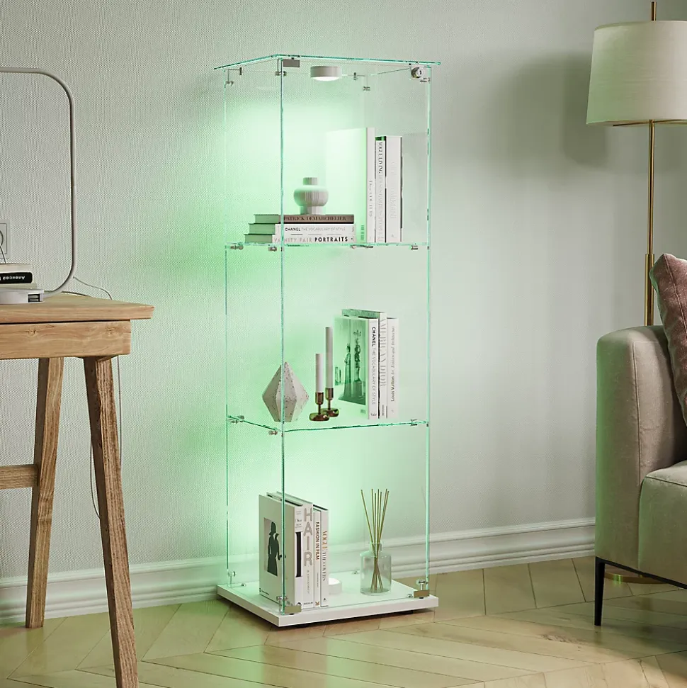 Vitrine en verre trempé avec éclairage LED, vitrine transparente 360, Blanc