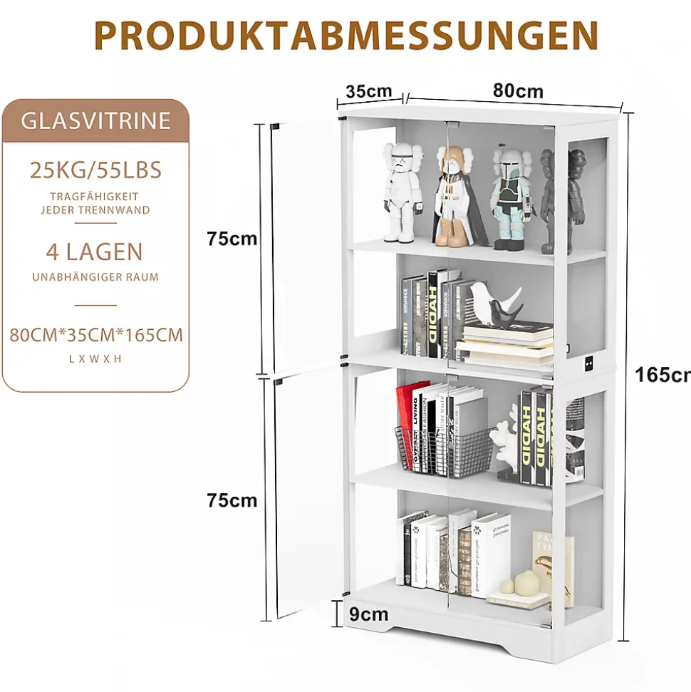 Vitrine en verre trempé avec éclairage à détecteur de mouvement 3CCT, 4 niveaux, blanc