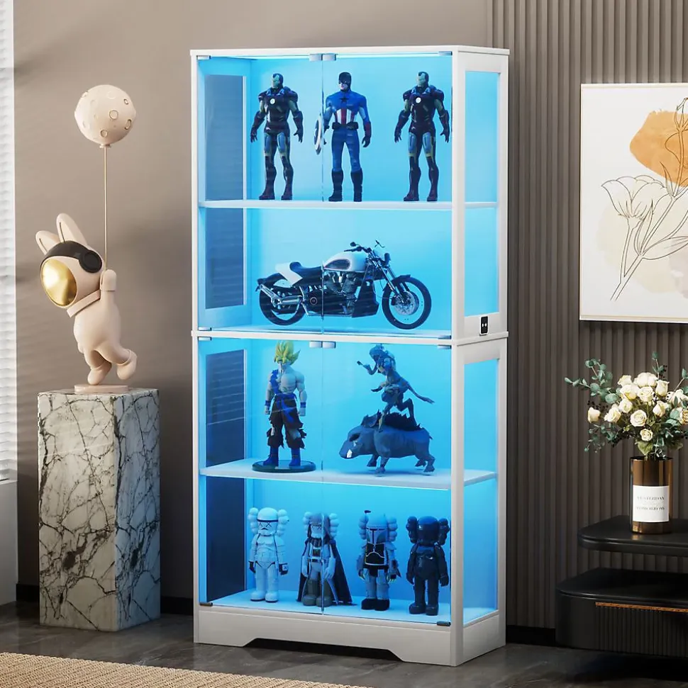Vitrine en verre trempé avec éclairage à détecteur de mouvement 3CCT, 4 niveaux, blanc