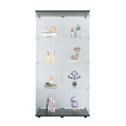 Vitrine en verre trempé noire 2 portes, 4 étagères, meuble vitrine sur pied pour salon chambre bureau