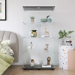 Vitrine en verre trempé noire 2 portes, 4 étagères, meuble vitrine sur pied pour salon chambre bureau
