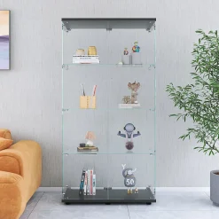 Vitrine en verre trempé noire 2 portes, 4 étagères, meuble vitrine sur pied pour salon chambre bureau
