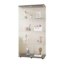 Vitrine en verre trempé noire 2 portes, 4 étagères, meuble vitrine sur pied pour salon chambre bureau