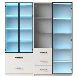 Vitrine en verre 140x40x160 cm - Avec éclairage LED - 3 portes vitrées et 5 tiroirs - Avec étagères ouvertes -Blanc