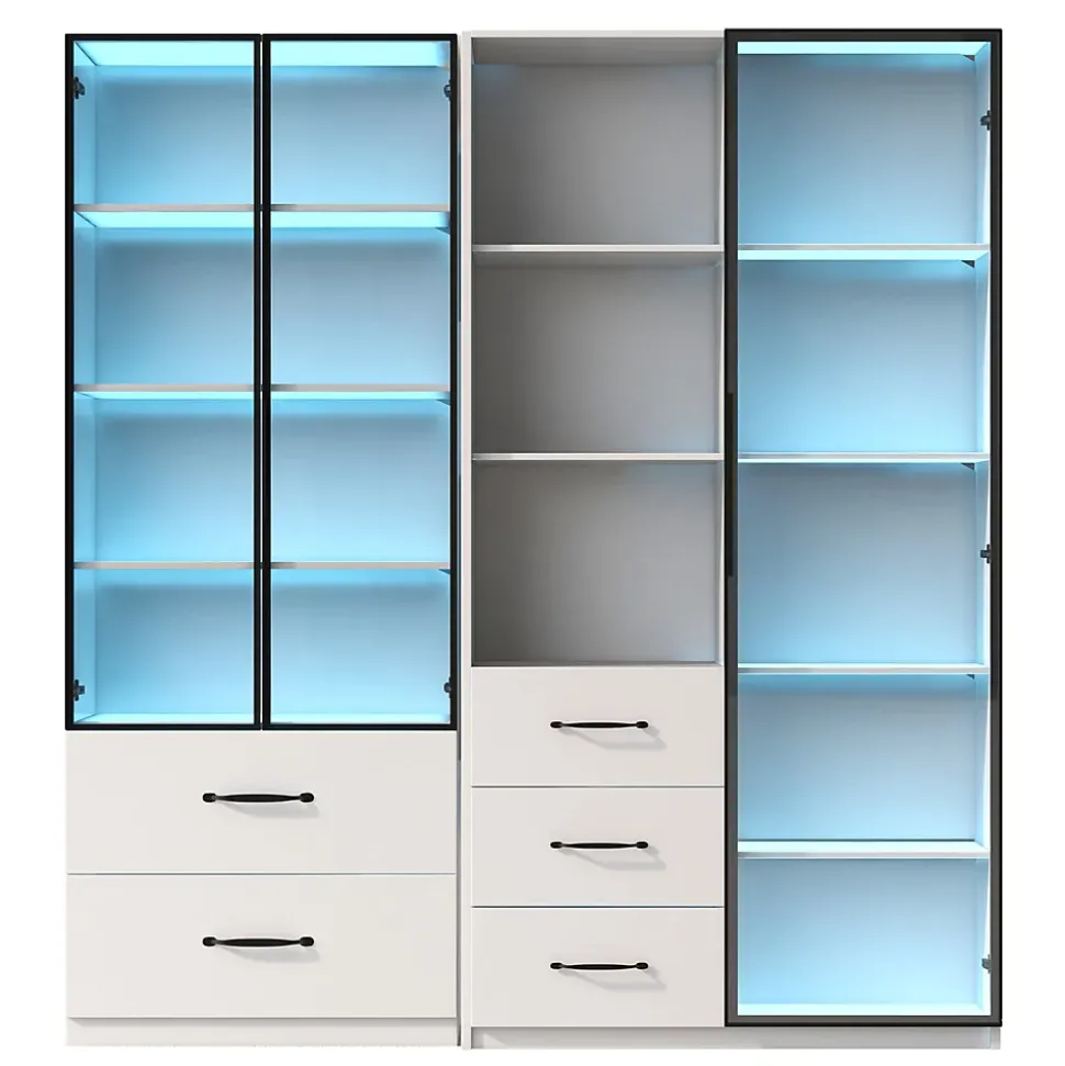 Vitrine en verre 140x40x160 cm - Avec éclairage LED - 3 portes vitrées et 5 tiroirs - Avec étagères ouvertes -Blanc