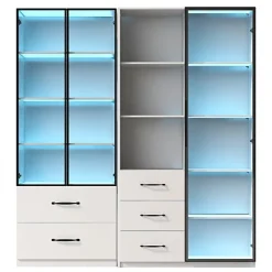 Vitrine en verre 140x40x160 cm - Avec éclairage LED - 3 portes vitrées et 5 tiroirs - Avec étagères ouvertes -Blanc