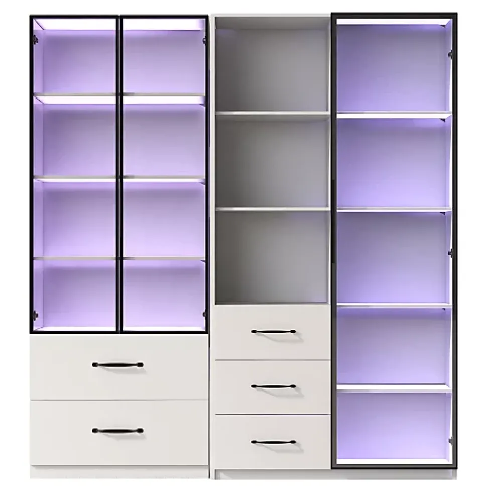 Vitrine en verre 140x40x160 cm - Avec éclairage LED - 3 portes vitrées et 5 tiroirs - Avec étagères ouvertes -Blanc