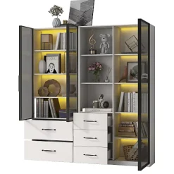 Vitrine en verre 140x40x160 cm - Avec éclairage LED - 3 portes vitrées et 5 tiroirs - Avec étagères ouvertes -Blanc