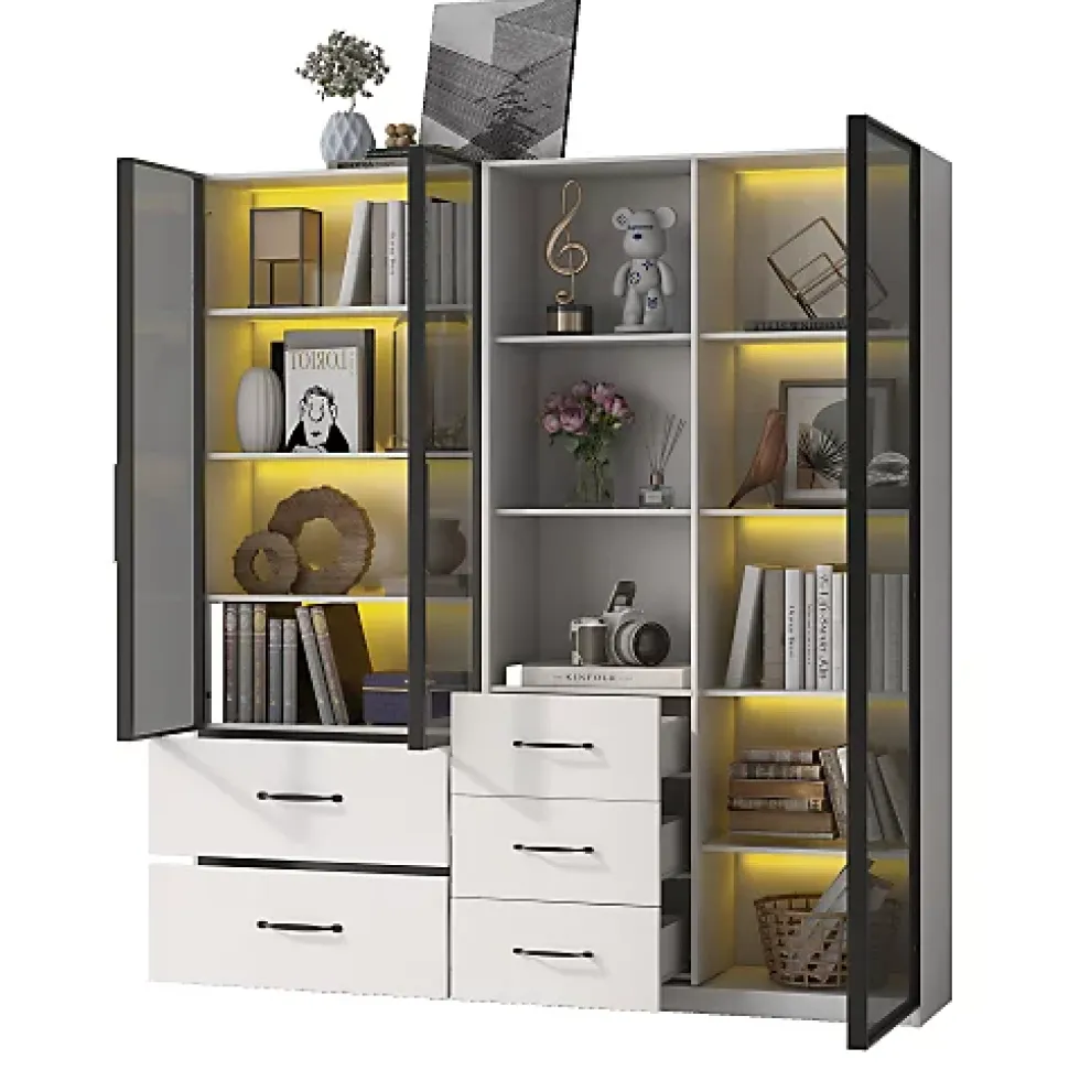 Vitrine en verre 140x40x160 cm - Avec éclairage LED - 3 portes vitrées et 5 tiroirs - Avec étagères ouvertes -Blanc