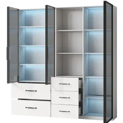 Vitrine en verre 140x40x160 cm - Avec éclairage LED - 3 portes vitrées et 5 tiroirs - Avec étagères ouvertes -Blanc