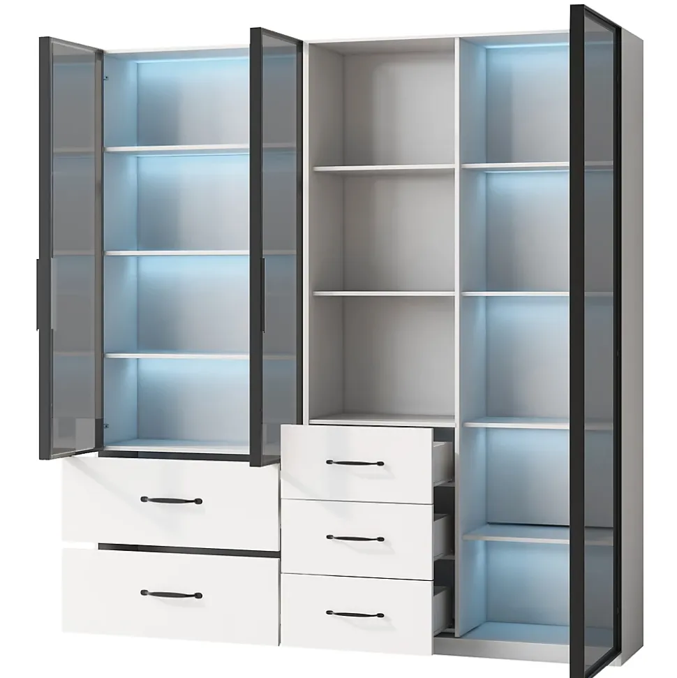 Vitrine en verre 140x40x160 cm - Avec éclairage LED - 3 portes vitrées et 5 tiroirs - Avec étagères ouvertes -Blanc
