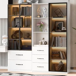 Vitrine en verre 140x40x160 cm - Avec éclairage LED - 3 portes vitrées et 5 tiroirs - Avec étagères ouvertes -Blanc