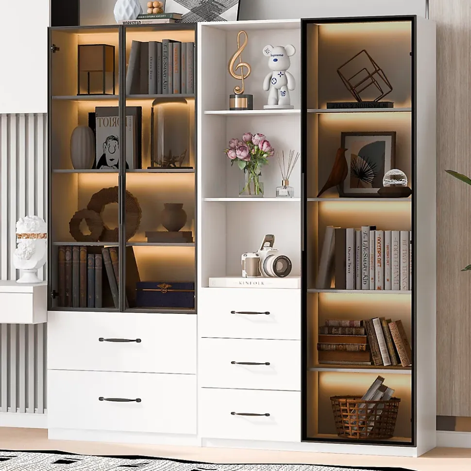 Vitrine en verre 140x40x160 cm - Avec éclairage LED - 3 portes vitrées et 5 tiroirs - Avec étagères ouvertes -Blanc